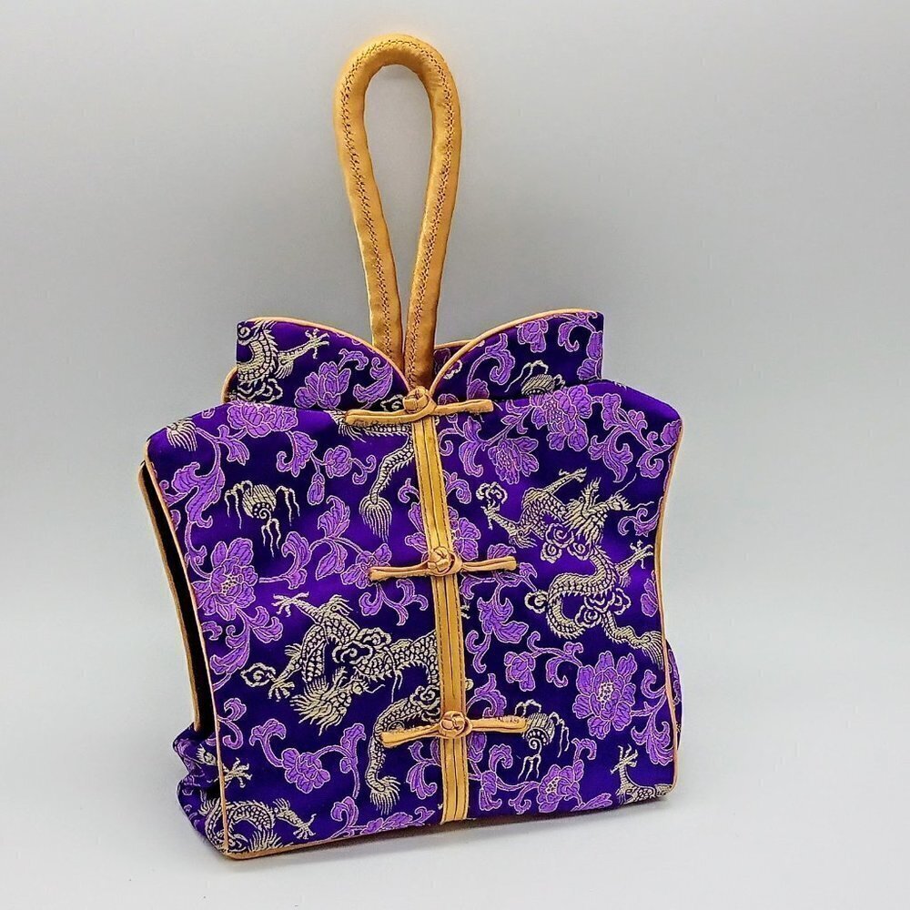 Chinese Purple Gold Silk Brocade Bag